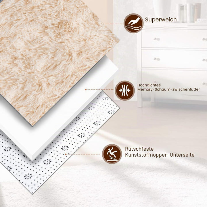 Teppich Wohnzimmer Beige,Kuschel Teppich Schlafzimmer,Hochflor Rutschfester Teppiche,Tepich Klein Bü
