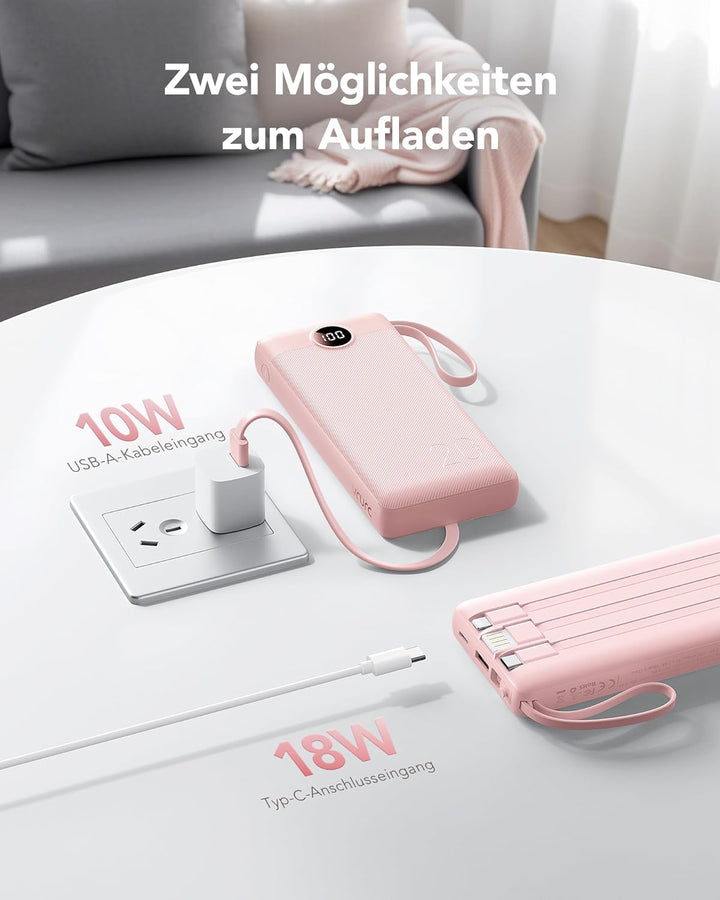 VRURC Powerbank 22.5W Schnelles Aufladen, 20000mAh Power Bank mit Kabel Tragbares Ladegerät USB C LE