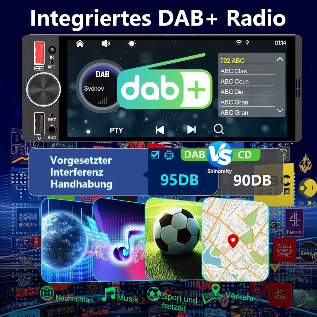 6,36 Zoll 1 Din Autoradio mit Drahtlosem CarPlay & Android Auto, Bluetooth, Full-Touch-Display FM, D