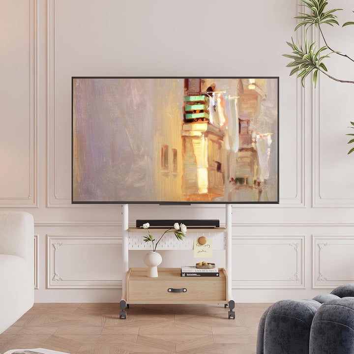 FITUEYES TV Ständer Rollbar Höhenverstellbar, Fernsehständer mit Rollen Schublade Ablage Lochwand, T