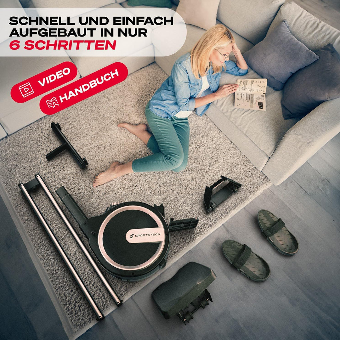 Sportstech PROwer Rudergerät für Zuhause, 32 Stufen Magnetwiderstand, LED Display, Dual Slide Rail,