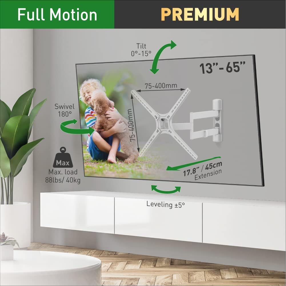 Barkan Weiss TV Wandhalterung, 13 - 65 Zoll Schwenkbar / Neigbar / Vollbewegung flach & curved Ferns