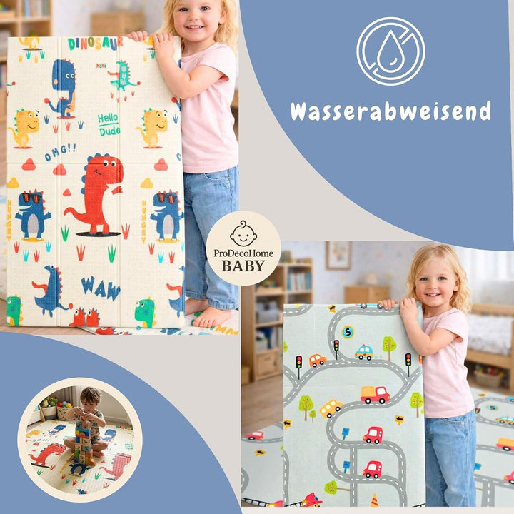 Krabbelmatte Baby, faltbar, doppelseitig, 150x180cm Dinosaurier und Autos | Kinder Spieldecke, Rutsc