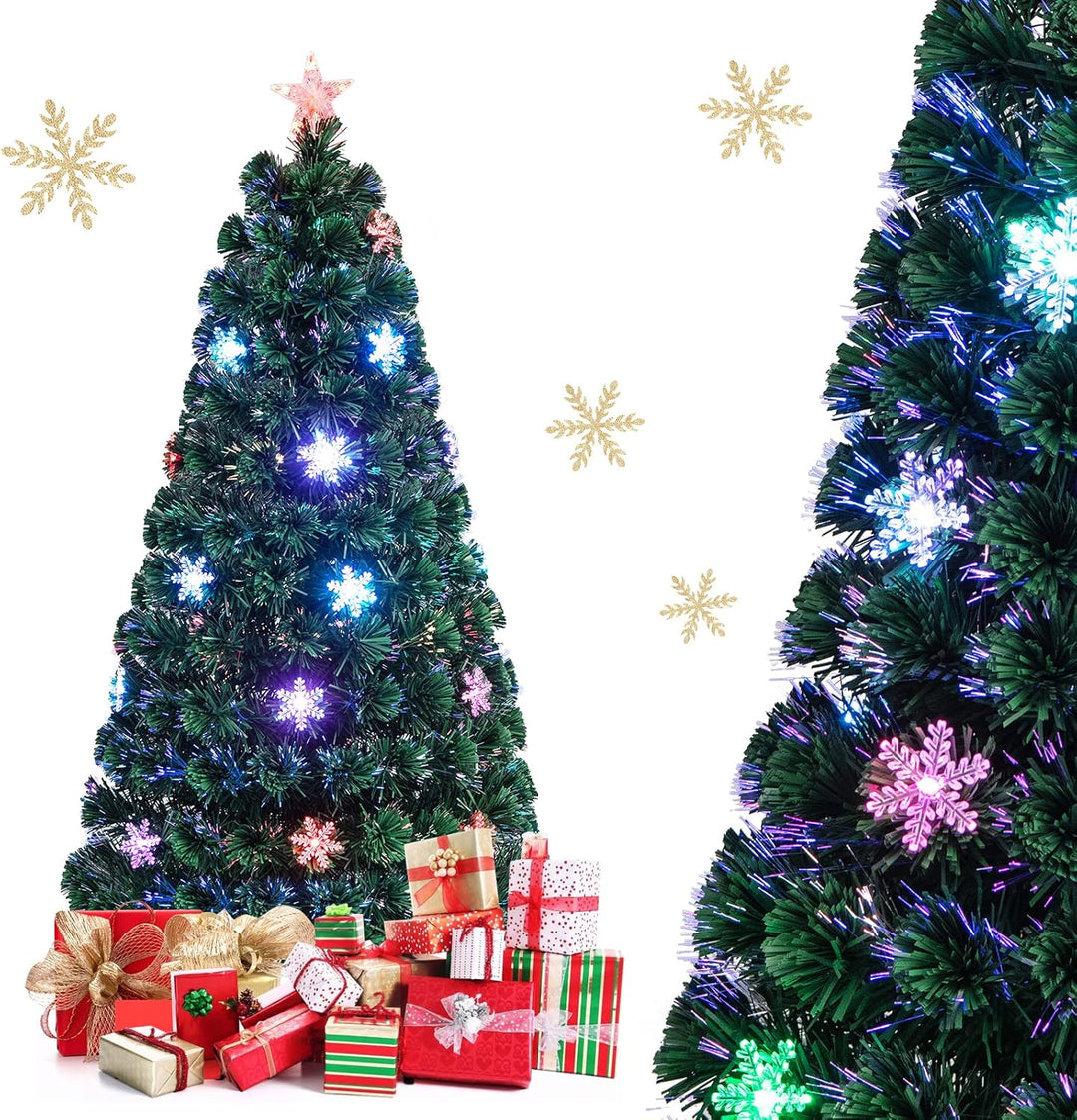 COSTWAY 150 cm LED Künstlicher Weihnachtsbaum mit Glasfaser-Farbwechsler und Sternspitze, Tannenbaum