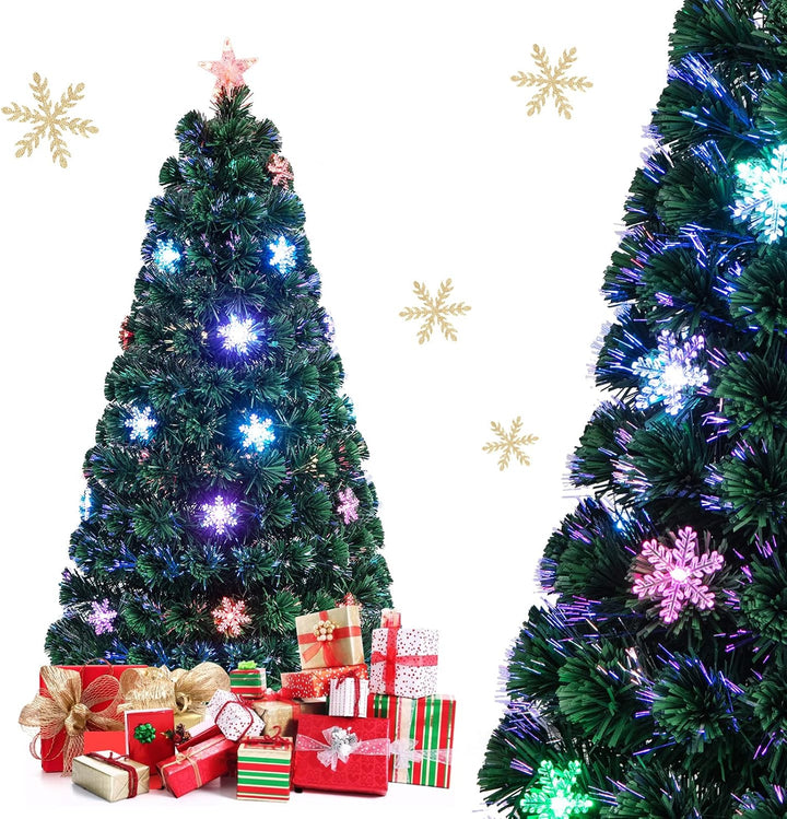 COSTWAY 150 cm LED Künstlicher Weihnachtsbaum mit Glasfaser-Farbwechsler und Sternspitze, Tannenbaum