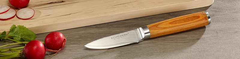 Echtwerk Damastmesser Set 3 teilig, Küchenmesser, Damaszener, Messer mit Holzgriff, Braun/Silber, 36