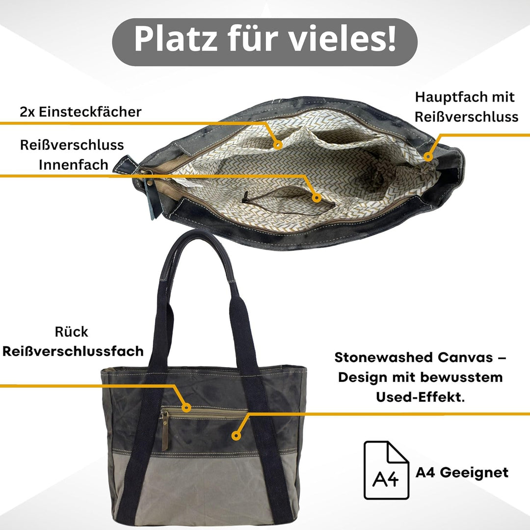 Sunsa Canvas Handtasche. Damen Shopper Tasche in Vintage Stil. Grosse Schultertasche. Schwarz/grau T