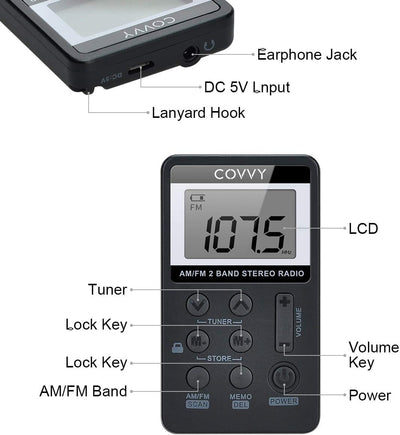 AM/FM Tragbares Radio,Covvy Digitales Pocket Mini Radio mit 500mAh 3.7V Wiederaufladbarer Akku und K