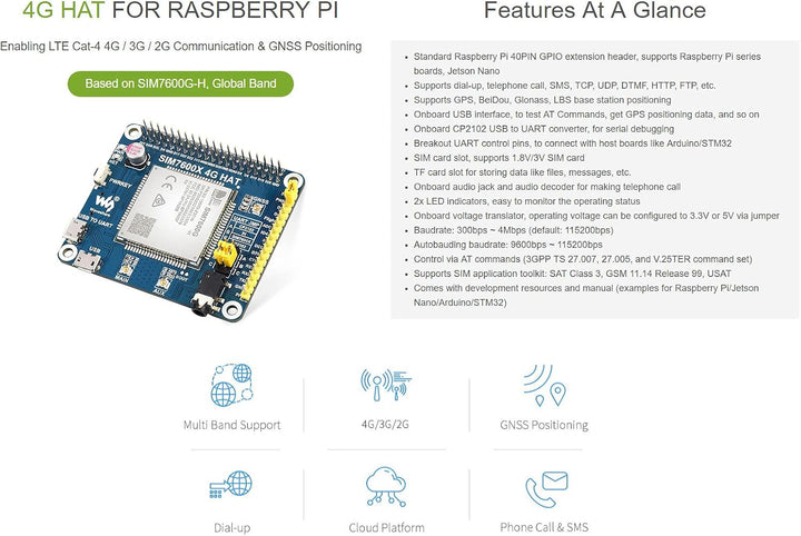 Waveshare 4G/3G/2G/GSM/GPRS/GNSS HAT for Raspberry Pi Jetson Nano Based on SIM7600G-H Supports LTE C