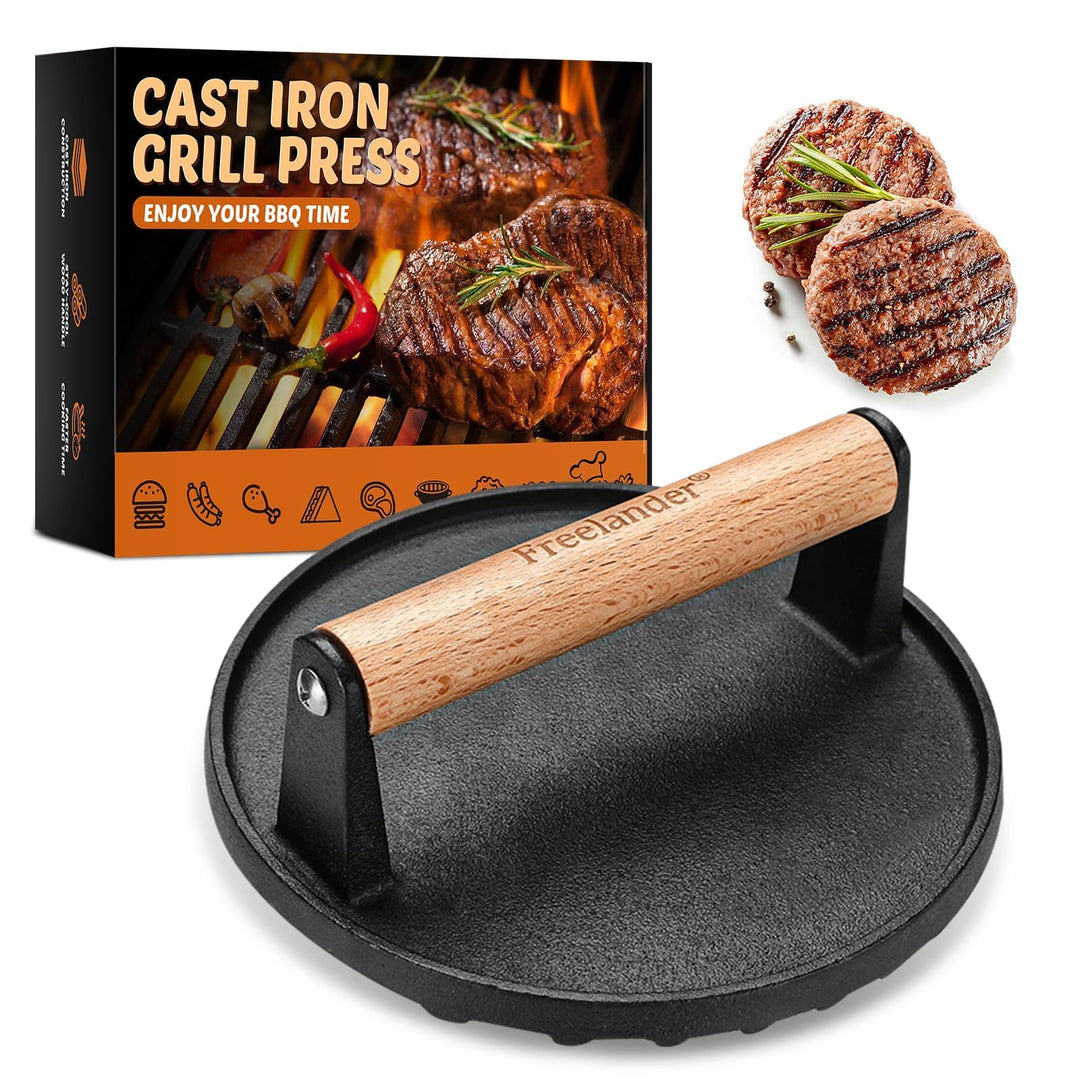 Freelander Burger Smasher Gusseisen, Gross Smash Burger Press Rund 1kg mit Hitzeabweisendem Griff, G