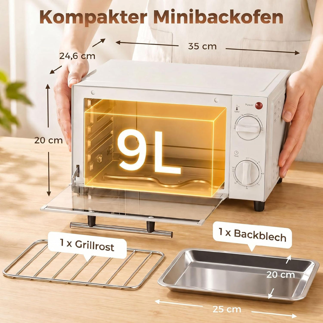 HOMCOM Mini Backofen 9 L 750W 100-230℃ 60 Min. Timer inkl. Backblech, Grillrost, Glas Fenster, Platz