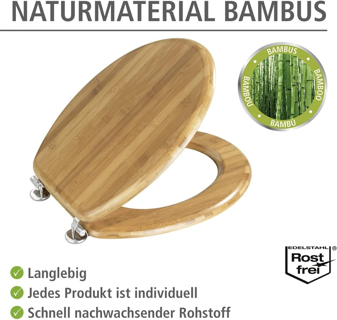WENKO WC-Sitz Bambus, Toilettensitz aus echtem Bambus, WC-Deckel mit rostfreien Edelstahl-Scharniere