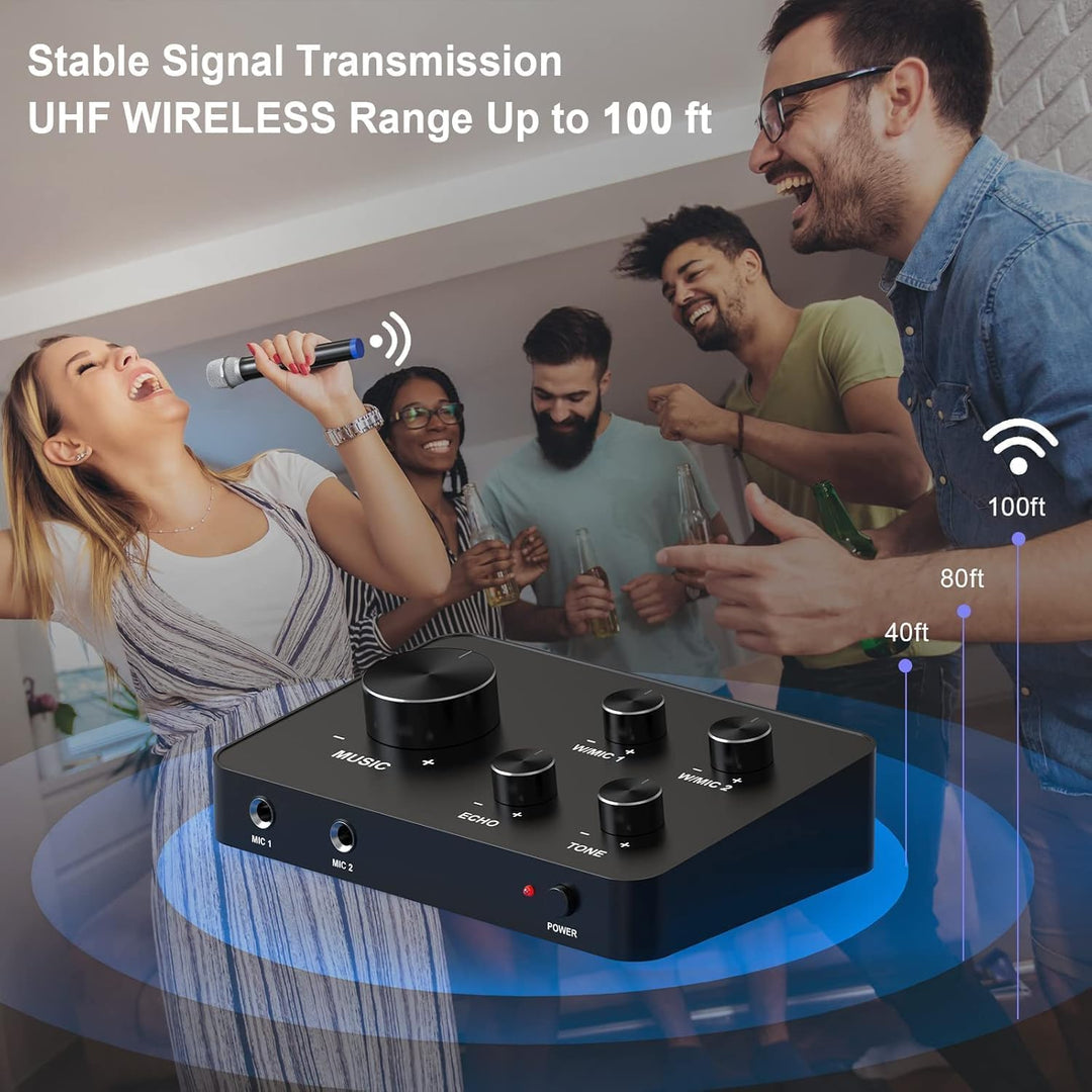 Mikrofon Kabellos Set UHF – Dual Karaoke Mikrofon Funkmikrofonen mit 2x8 Frequenzen, 100ft Reichweit