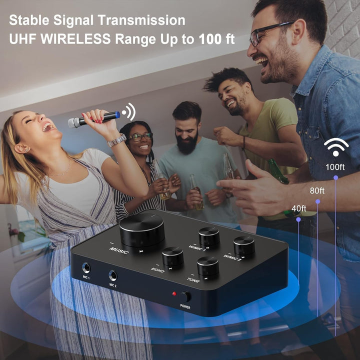 Mikrofon Kabellos Set UHF – Dual Karaoke Mikrofon Funkmikrofonen mit 2x8 Frequenzen, 100ft Reichweit