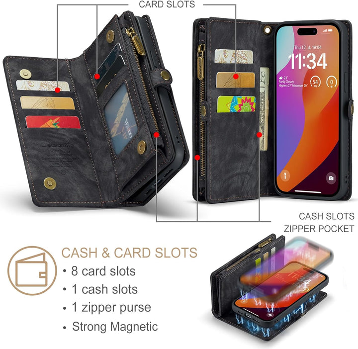 UFinetech für iPhone 15 Pro Hülle, Flip Leder TPU Stossfest Kartenfach Tasche Handyhülle für iPhone