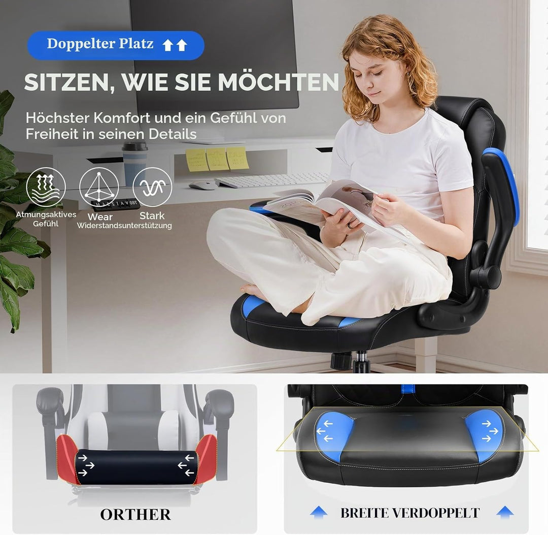 GTPLAYER Gaming Stuhl mit hochklappbarer Armlehne, Gamer Stuhl mit Schaukelfunktion, Ergonomischer C
