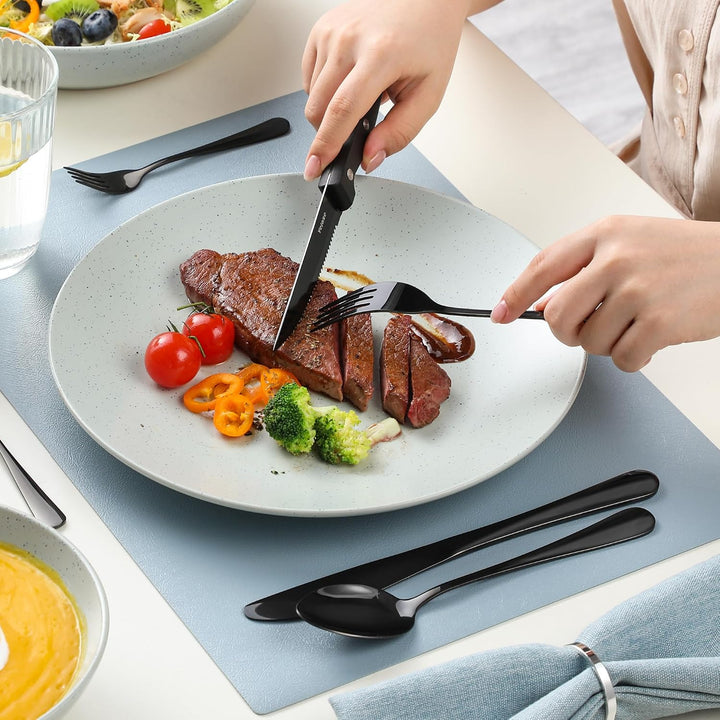 Velaze Besteck Set Schwarz 8 Personen, 48 teilig Besteckset mit Steakmesser, Glänzendes Essbesteck S