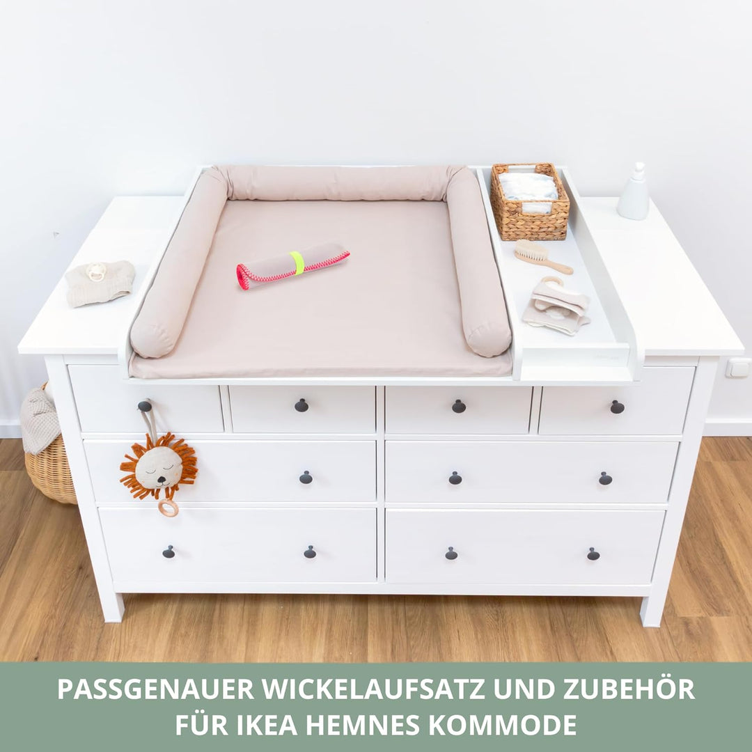 Wickelaufsatz Set für IKEA HEMNES – mit Aufsatz, Wickelauflage & Umrandung aus 100% Baumwolle (Pure