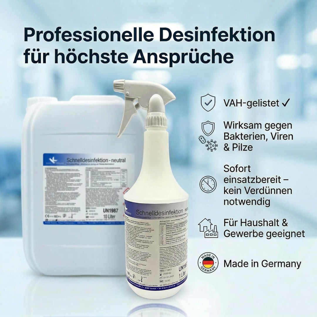 KK Schnelldesinfektion Spray Duft Neutral – Hochwirksames Desinfektionsmittel 1L Flasche für Flächen