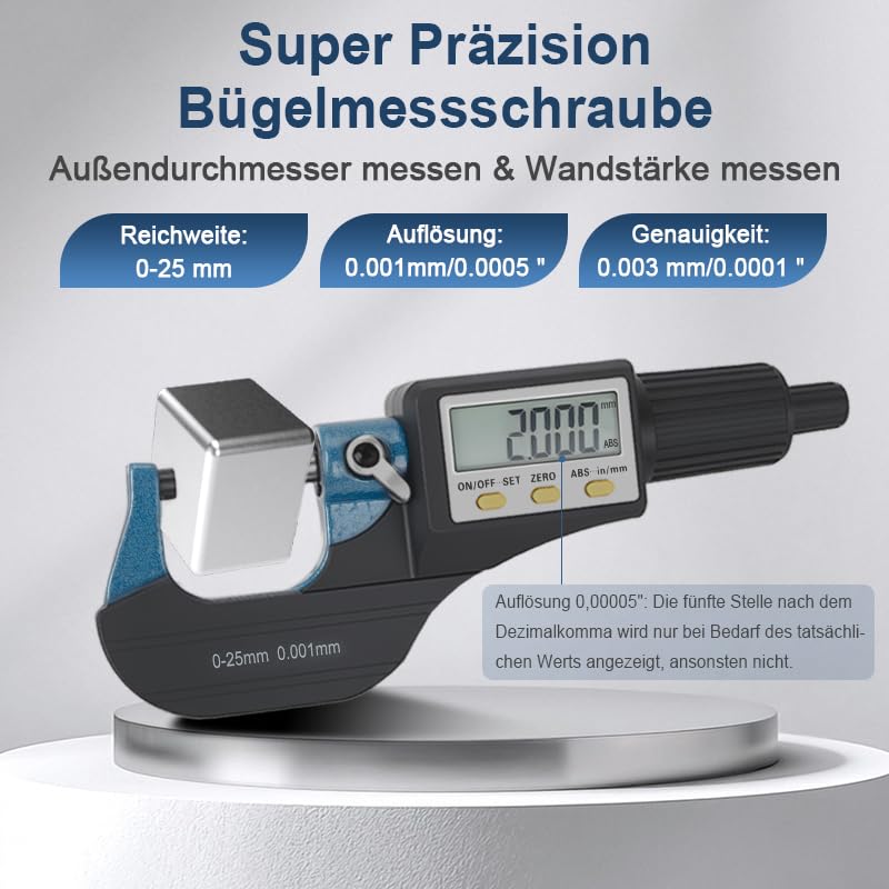 Beslands Mikrometer Digital Bügelmessschraube 0-25mm/ 0.001mm Hohe Präzision Elektronische Digitale