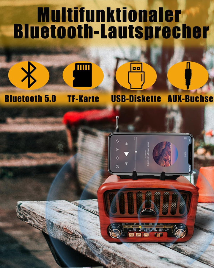 Retro Radio mit Bluetooth, AM/FM/SW Tragbares Radio Klein 5W grosser Lautsprecher und Bluetooth 5.0,
