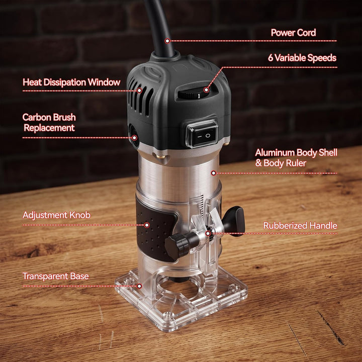 Elektrische Palm Router Tool 800W, Variable 6 Geschwindigkeiten Trim Router Max 33000R/MIN, Holz Rou