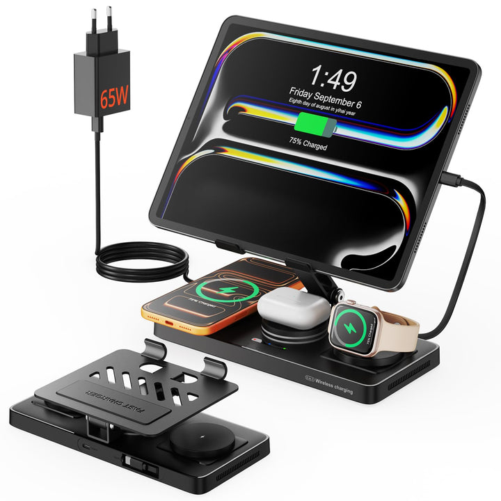 GEEKERA 4-in-1 Ladestation für Apple, Eingebautes einziehbares Ladekabel für iPad, Magnetisch Indukt