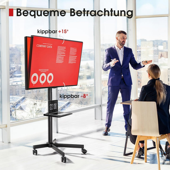 AOKCOS TV Ständer Rollbar für 32-65 Zoll Fernseher, TV Wagen mit Tablett, Fernsehständer Höhenverste