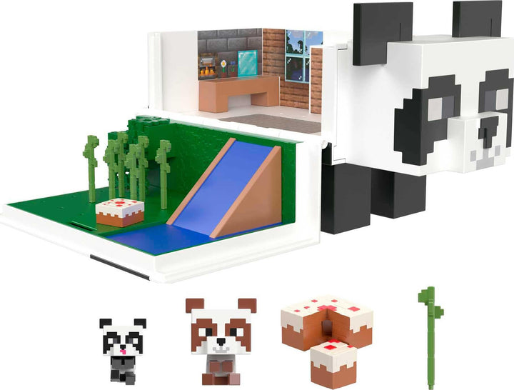 MINECRAFT Mob Head Minis Panda Spielhaus Spielset - 2-etagiges Haus, 2 Panda-Figuren, Wasserrutsche,