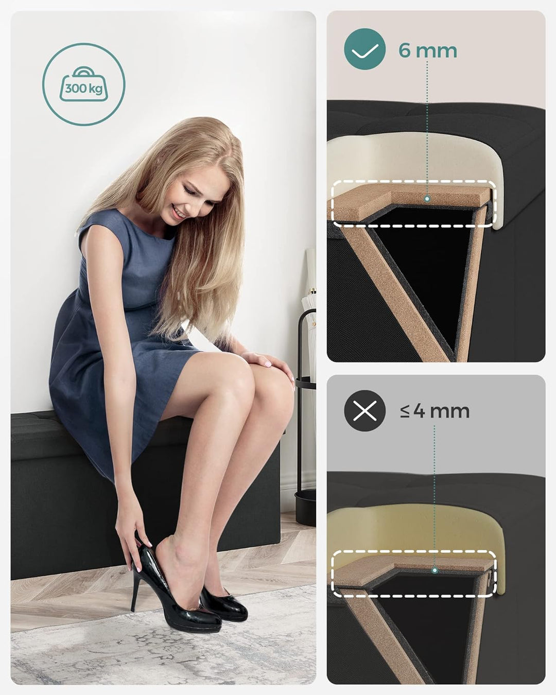 SONGMICS 110 cm Sitzbank mit Stauraum, klappbare Sitztruhe, Aufbewahrungsbox, Fussbank, basisschwarz