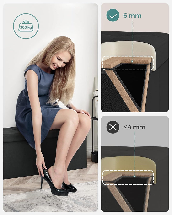 SONGMICS 110 cm Sitzbank mit Stauraum, klappbare Sitztruhe, Aufbewahrungsbox, Fussbank, basisschwarz