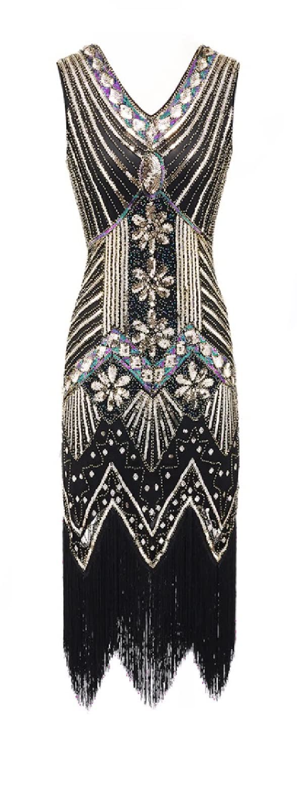 MIMIKRY 20er Jahre Charleston Pailletten Kleid Schwarz/Gold/Multicolor mit Fransen Flapper Damen-Kos