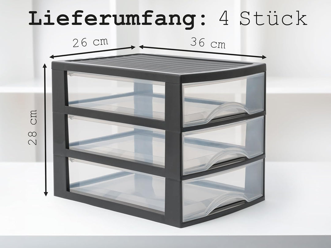Hausfelder Schubladenbox A4 mit 3 Schubladen inkl. Aufkleber, Schubladenturm Box aus Kunststoff für