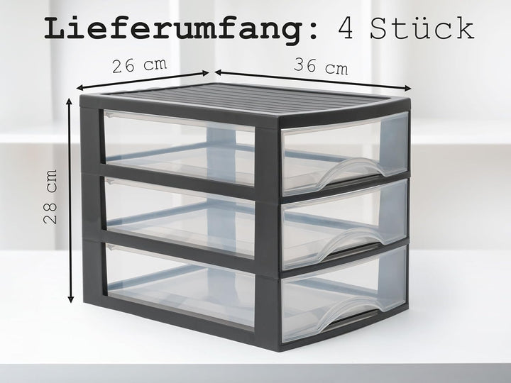 Hausfelder Schubladenbox A4 mit 3 Schubladen inkl. Aufkleber, Schubladenturm Box aus Kunststoff für