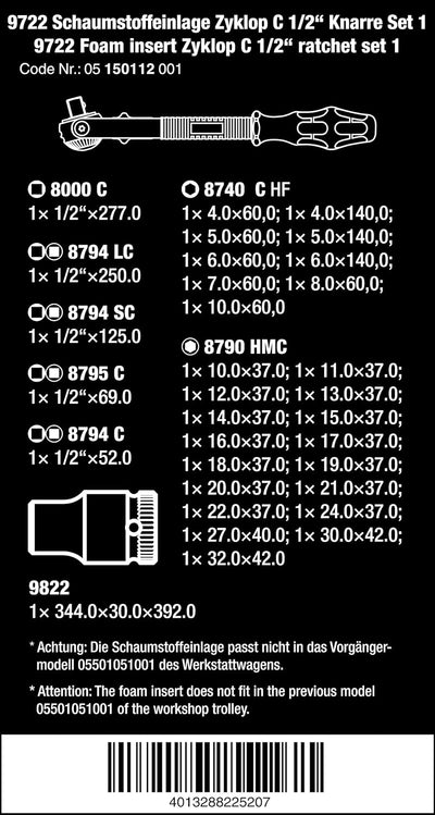 Wera 05150112001 9722 Schaumstoffeinlage, 8000 C Zyklop 1/2" Knarre Set 1, 31-teilig 9722 8000 C, Zy