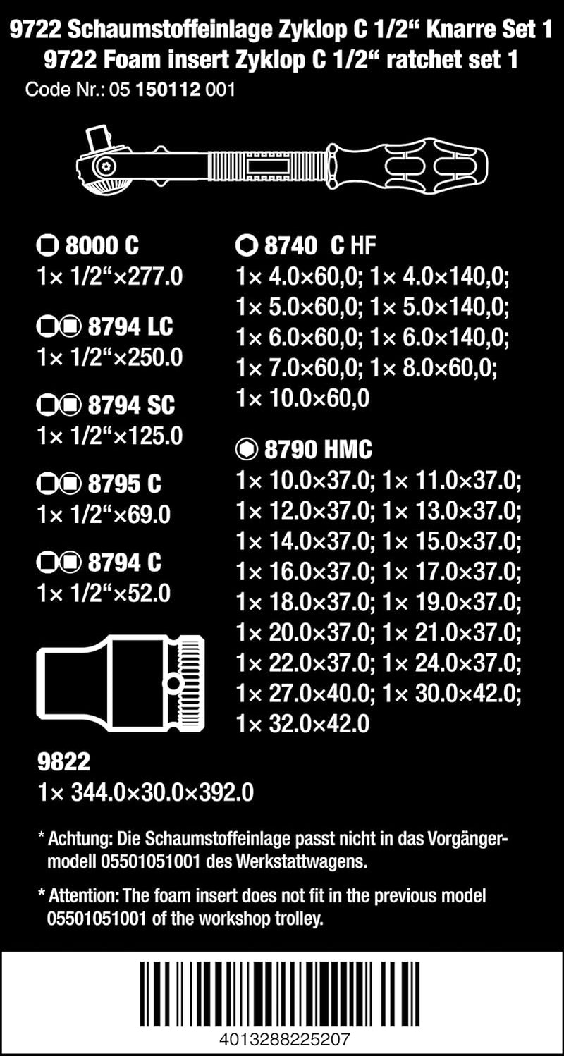 Wera 05150112001 9722 Schaumstoffeinlage, 8000 C Zyklop 1/2" Knarre Set 1, 31-teilig 9722 8000 C, Zy