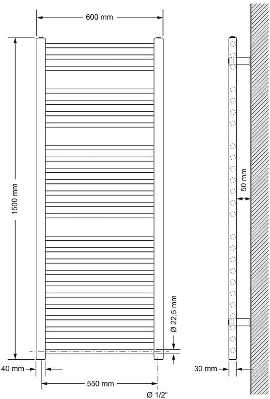 LuxeBath Badheizkörper Elektrisch 600 x 1500 mm Anthrazit gerade mit Seitenanschluss inkl. Heizstab