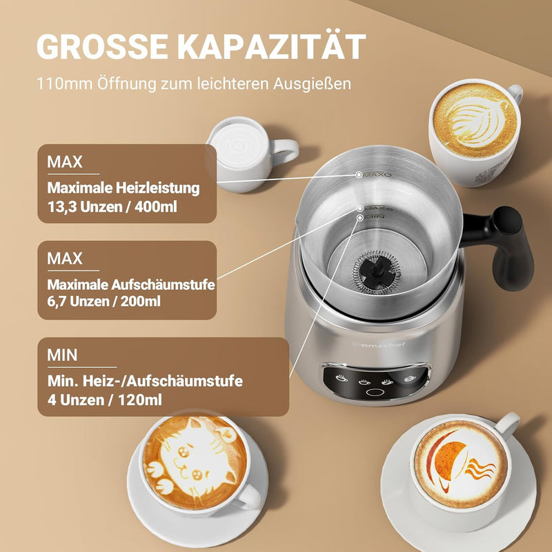 AMZCHEF 4-IN-1 Milchaufschäumer Elektrisch 400ML Milchwärmer mit LED-Touchscreen | 3D-Induktionserwä