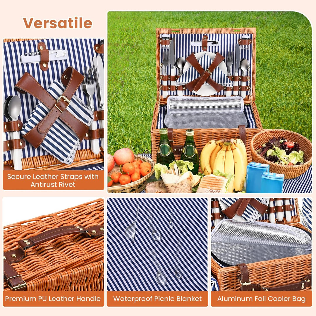 Premium Picknickkorb-Set für 4 Personen, Weidenkorb mit Kühlfach, Wasserdichter Decke, Tellern, Gläs