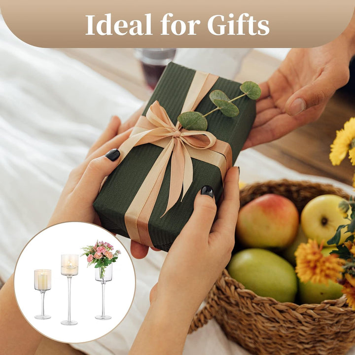 Sziqiqi 3 Stück Teelichthalter Glas - Elegante Kerzenständer Hohe Kerzenhalter Stumpenkerzen Windlic