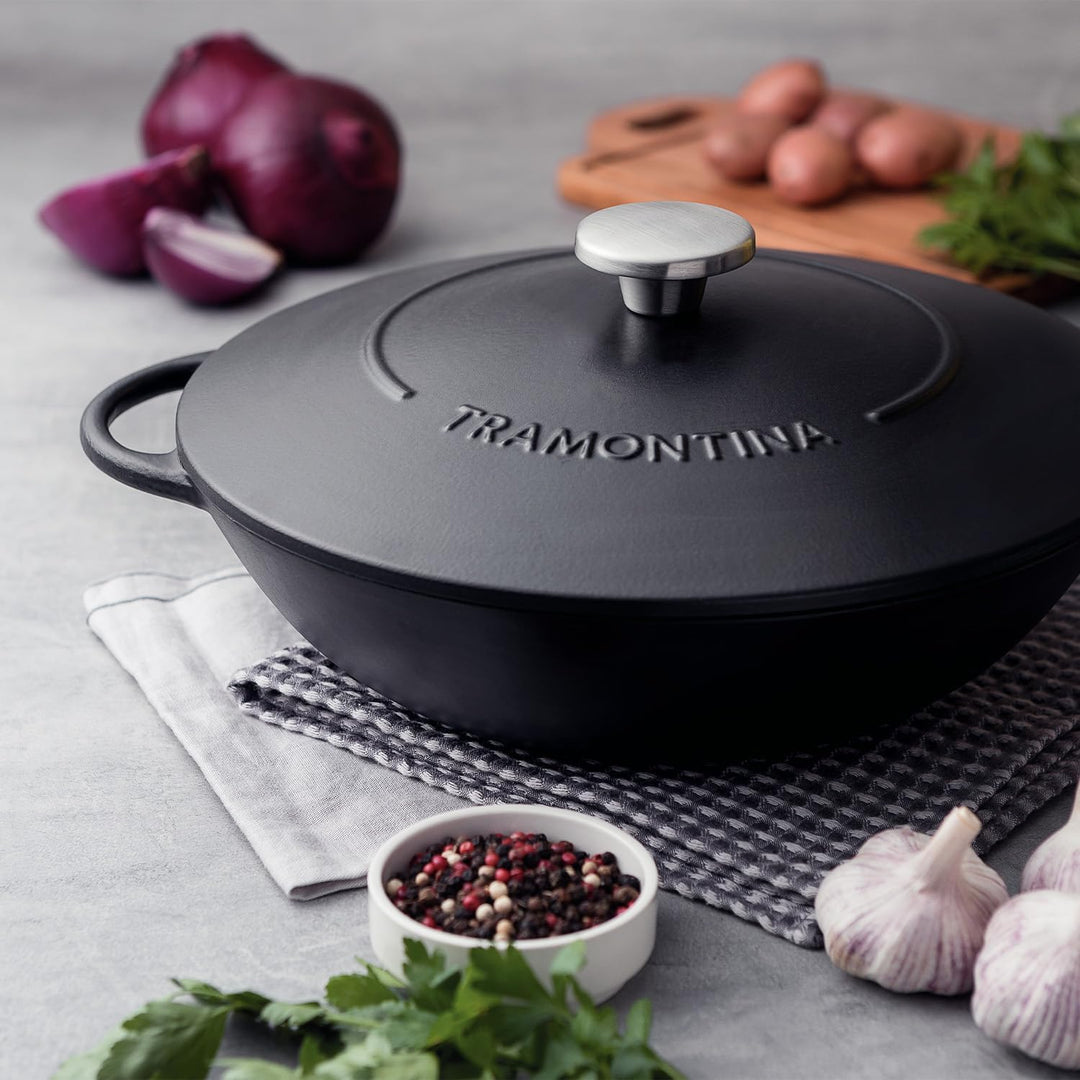 Tramontina Wok aus Gusseisen mit Deckel, 5l, Durchmesser 32 cm, 32 cm