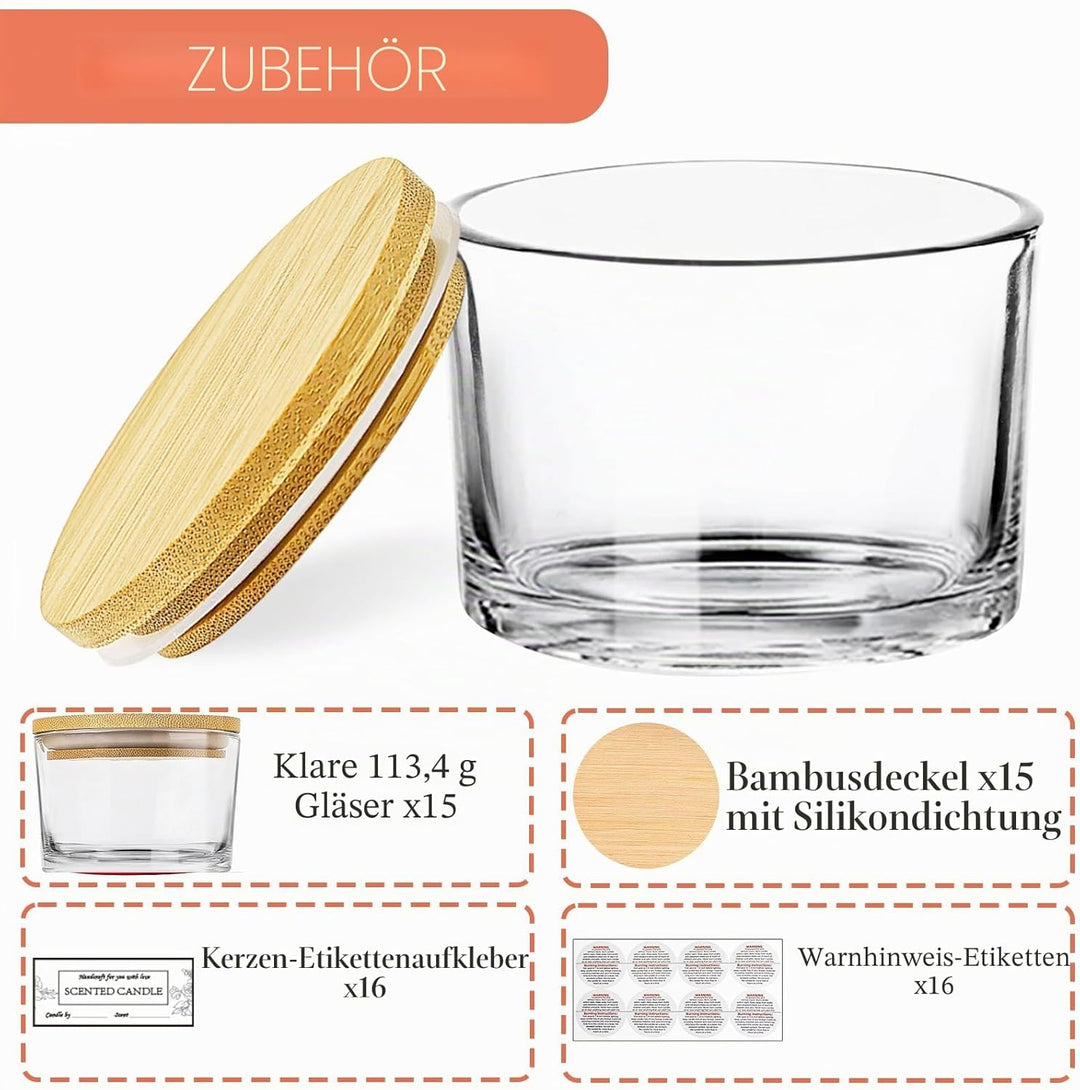 CONNOO 15 Stück 120 ml Klare Glas-Kerzengläser mit luftdichten Bambusdeckeln zum Kerzenmachen, klein