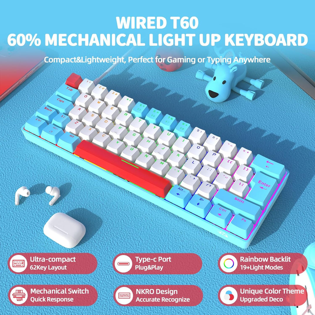 Mini 60% Gaming-Tastatur Kabelgebundene mechanische Keyboard, Kompakte Tragbare 62 Tasten, UK-Layout