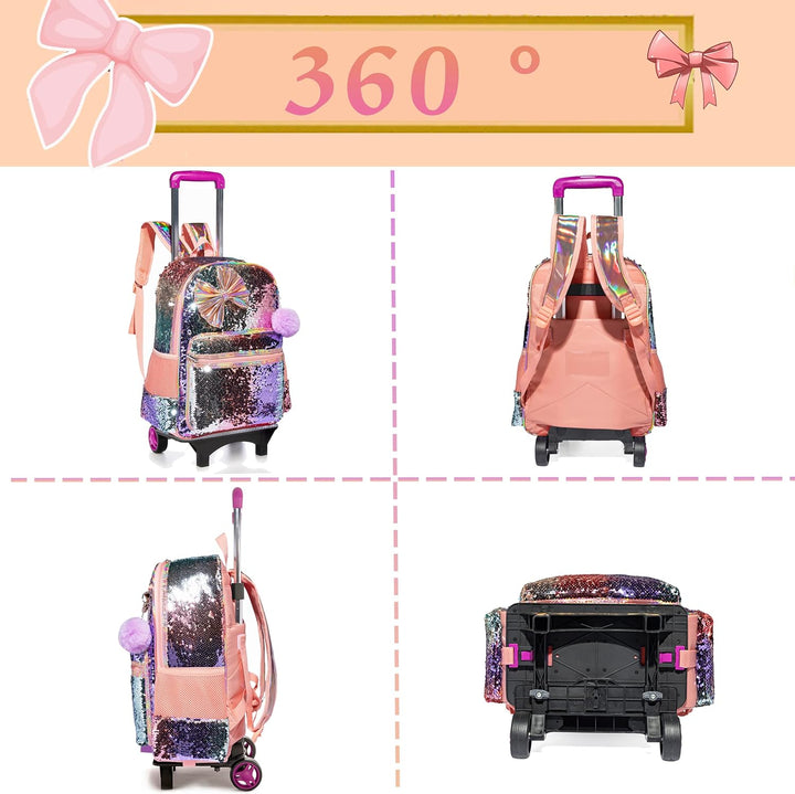 HTgroce Bogen Rucksack Trolley Mädchen Schultaschen Trolley, Grundschule Trolley Rucksack mit Lunch