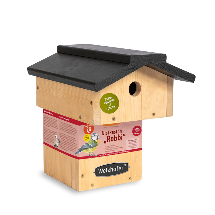 Welzhofer Nistkasten Robbi, Vogelhaus mit 28mm Einflugloch, handgemacht in Europa, für Blau-, Hauben
