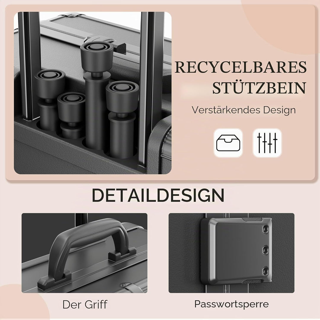 Make-up-Koffer mit Rollen aus Aluminium, grosser Spiegel mit 6 Glühbirnen, Organisation von Kosmetik