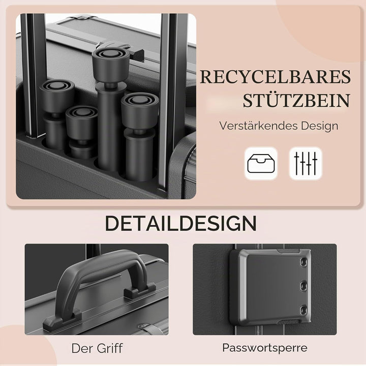 Make-up-Koffer mit Rollen aus Aluminium, grosser Spiegel mit 6 Glühbirnen, Organisation von Kosmetik