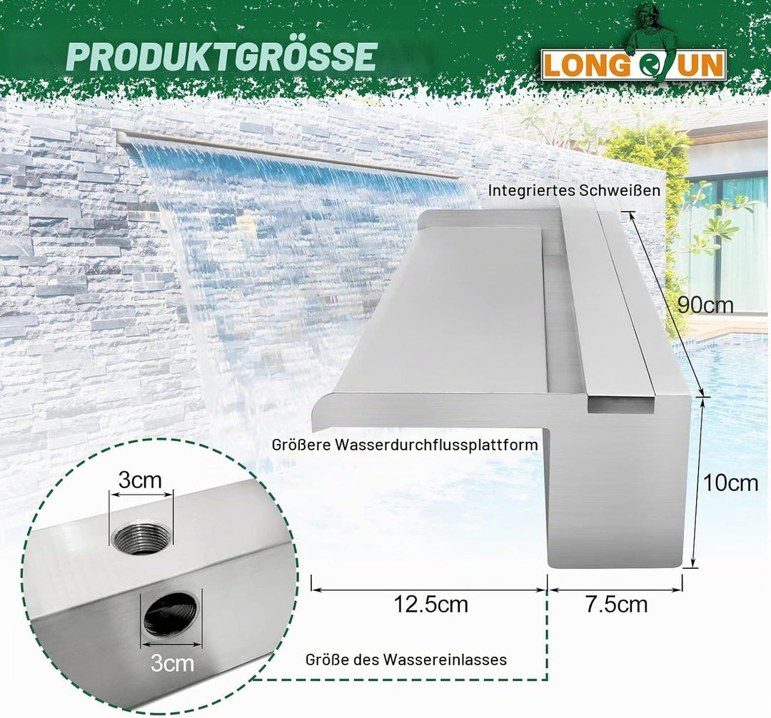 LONGRUN Edelstahl Wasserfall Überlauf, APP Kontrolle Multi-Farben LED-Licht Draussen Pool Brunnen, K