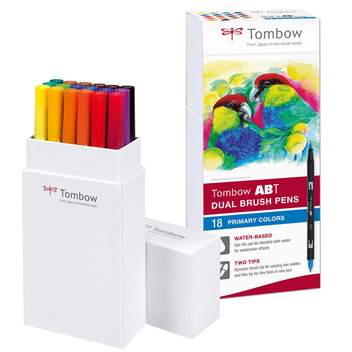 Tombow ABT-18P-1 Fasermaler Dual Brush Pen mit zwei Spitzen 18er Set, primärfarben