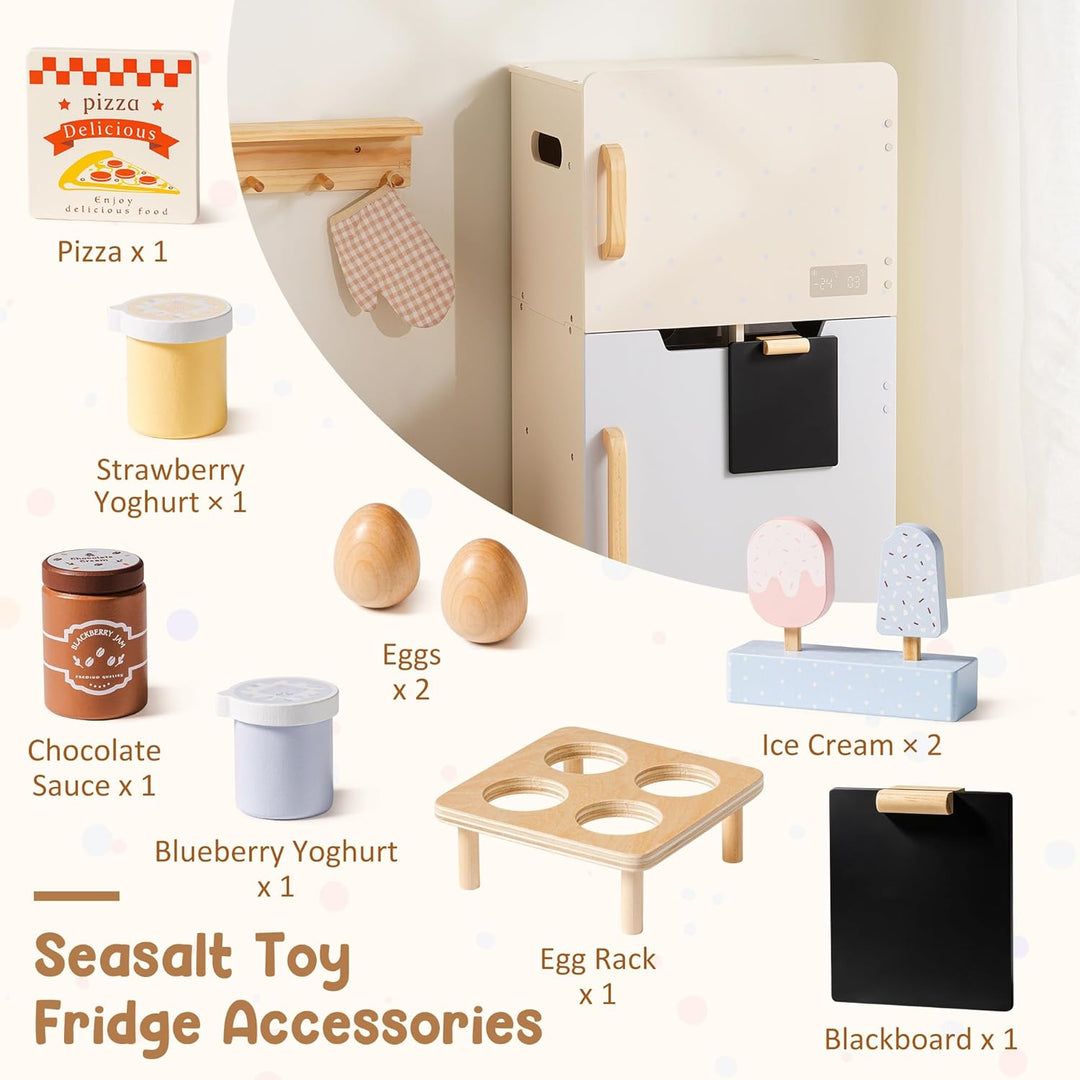 ROBUD Holzspielzeug-Kühlschrank-Set, Rollenspiel-Kühlschrank für Kinder mit Tafel, Gefrierfach, Kühl